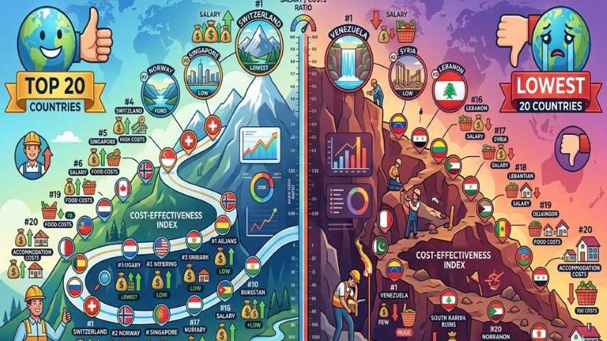 Top and Lowest 20 Countries for Salary vs. Food & Accommodation Costs in 2026